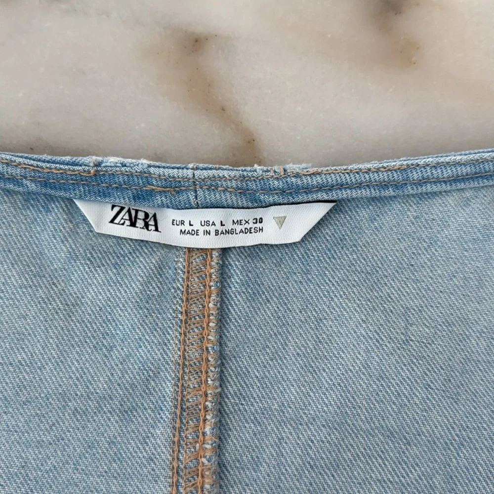 Zara Square Neck Light Blue Denim Mini Dress Sz L - Picture 10 of 11